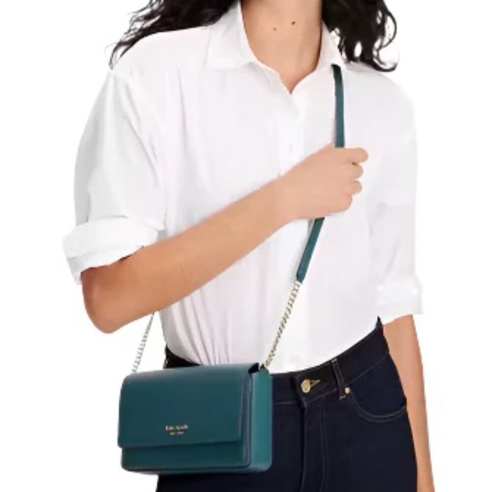Kate Spade NY Morgan Flap Chain Crossbody Bag in Artesian Green Leather NEW